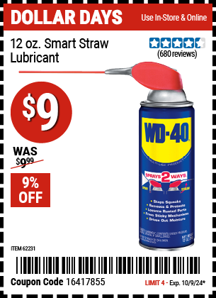 Buy the 12 Oz. Smart Straw Lubricant (Item 62231) for $9, valid through 10/9/2024.