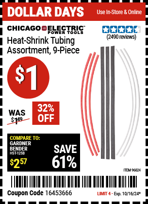 Buy the CHICAGO ELECTRIC Heat Shrink Tubing Assortment, 9 Piece (Item 96024) for $1, valid through 10/16/2024.