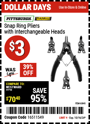 Buy the PITTSBURGH Snap Ring Pliers with Interchangeable Heads (Item 63845) for $3, valid through 10/16/2024.