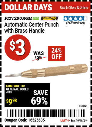 Buy the PITTSBURGH Automatic Center Punch with Brass Handle (Item 00621) for $3, valid through 10/16/2024.