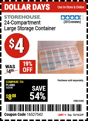 Buy the STOREHOUSE 24 Compartment Large Storage Container (Item 94458) for $4, valid through 10/16/2024.