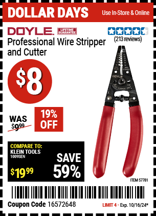 Buy the DOYLE Professional Wire Stripper And Cutter (Item 57781) for $8, valid through 10/16/2024.