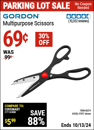 Buy the GORDON Multipurpose Scissors (Item 47877/60274/63520) for $0.69, valid through 10/13/2024.