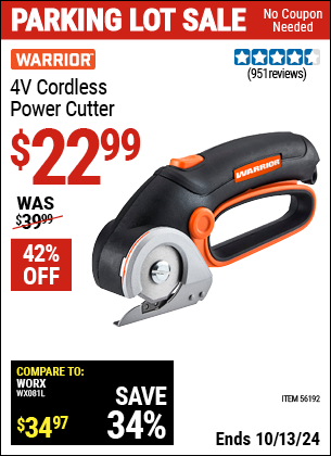 Buy the WARRIOR 4V Lithium-Ion Cordless Power Cutter (Item 56192) for $22.99, valid through 10/13/2024.