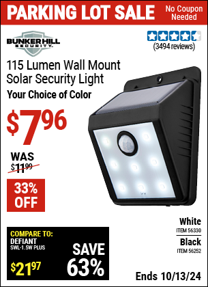 Buy the BUNKER HILL SECURITY Wall Mount Security Light (Item 56252/56330) for $7.96, valid through 10/13/2024.