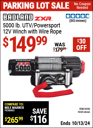 Buy the BADLAND ZXR 5000 lb. UTV/Powersport 12V Winch (Item 56326/56530) for $149.99, valid through 10/13/2024.