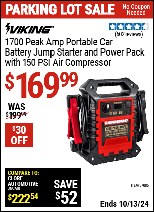 Buy the VIKING 1700 Peak Amp Portable Jump Starter And Power Pack with 150 PSI Air Compressor (Item 57085) for $169.99, valid through 10/13/2024.