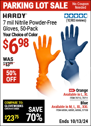 Buy the HARDY 7 mil Nitrile Powder-Free Gloves, 50 Pack (Item 57158/68504/68505/61773/68506/70711/70712) for $6.98, valid through 10/13/2024.