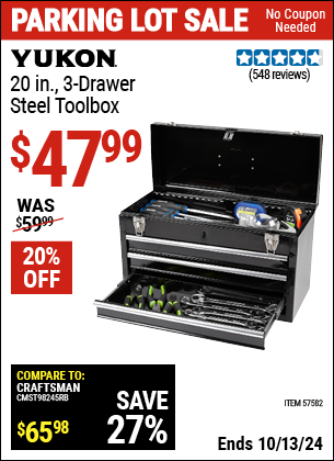 Buy the YUKON 20 in. 3 Drawer Steel Toolbox (Item 57582) for $47.99, valid through 10/13/2024.