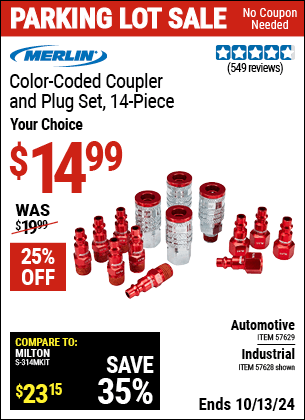 Buy the MERLIN Color-Coded Industrial Coupler and Plug Set, 14 Piece (Item 57628/57629) for $14.99, valid through 10/13/2024.