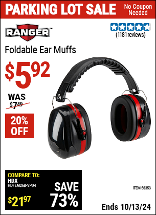 Buy the RANGER Foldable Ear Muffs (Item 58353) for $5.92, valid through 10/13/2024.