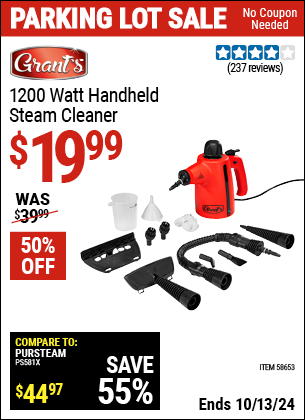 Buy the GRANT'S 1200 Watt Handheld Steam Cleaner (Item 58653) for $19.99, valid through 10/13/2024.