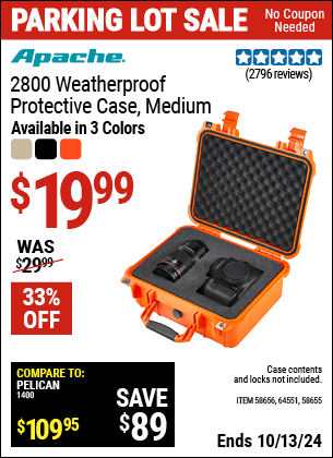 Buy the APACHE 2800 Weatherproof Protective Case, Medium (Item 58655/58656/64551) for $19.99, valid through 10/13/2024.