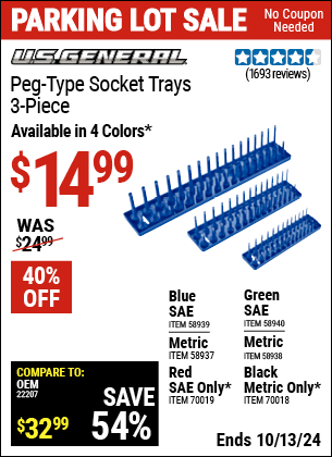 Buy the U.S. GENERAL Peg-Type Metric Socket Tray, 3 Pc. (Item 58937/58938/58939/58940/70018/70019) for $14.99, valid through 10/13/2024.