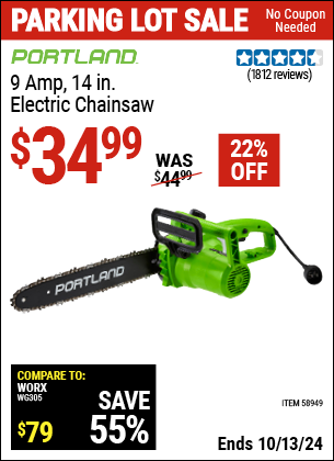 Buy the PORTLAND 9 Amp 14 in. Electric Chainsaw (Item 58949) for $34.99, valid through 10/13/2024.