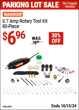 Buy the WARRIOR 0.7 Amp Rotary Tool Kit, 80-Piece (Item 58999) for $6.96, valid through 10/13/2024.