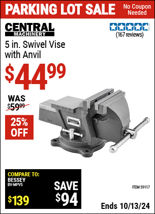 Buy the CENTRAL MACHINERY 5 in. Swivel Vise with Anvil (Item 59117) for $44.99, valid through 10/13/2024.