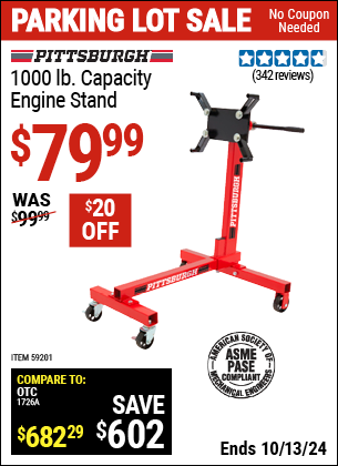 Buy the PITTSBURGH 1000 lb. Capacity Engine Stand (Item 59201) for $79.99, valid through 10/13/2024.