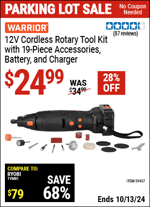 Buy the WARRIOR 12V Cordless Variable-Speed Rotary Tool Kit, 19-Piece (Item 59437) for $24.99, valid through 10/13/2024.