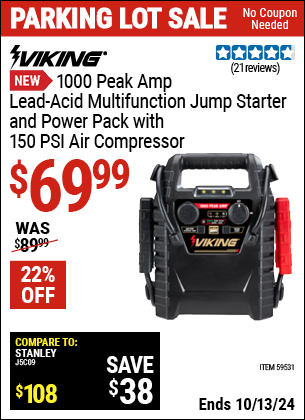 Buy the VIKING 1000 Peak Amp Lead-Acid Multifunction Jump Starter and Power Pack with 150 PSI Air Compressor (Item 59531) for $69.99, valid through 10/13/2024.