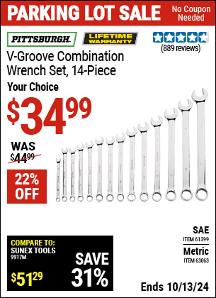 Buy the PITTSBURGH V-Groove Combination Wrench Set 14 Pc. (Item 61399/63063) for $34.99, valid through 10/13/2024.