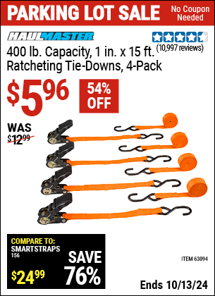 Buy the HAUL-MASTER 400 lb. Capacity, 1 in. x 15 ft. Ratcheting Tie Downs, 4-Pack (Item 63094) for $5.96, valid through 10/13/2024.