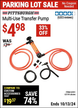 Buy the PITTSBURGH AUTOMOTIVE Multi-Use Transfer Pump (Item 63144/3878) for $4.98, valid through 10/13/2024.