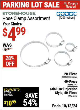 Buy the STOREHOUSE Hose Clamp Assortments (Item 63280/58150/62363) for $4.99, valid through 10/13/2024.