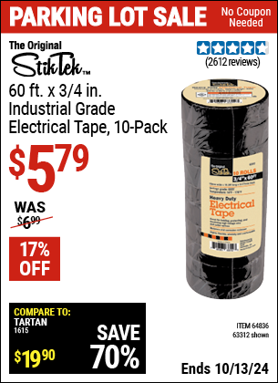 Buy the STIKTEK 3/4 in. x 60 ft. Industrial Grade Electrical Tape 10 Pk. (Item 63312/64836) for $5.79, valid through 10/13/2024.