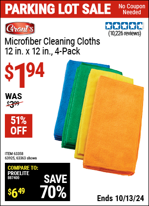 Buy the GRANT'S Microfiber Cleaning Cloths 12 in. x 12 in., 4-Pack (Item 63363/63358/63925) for $1.94, valid through 10/13/2024.