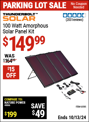 Buy the THUNDERBOLT MAGNUM SOLAR 100 Watt Solar Panel Kit (Item 63585) for $149.99, valid through 10/13/2024.