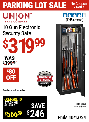 Buy the UNION SAFE COMPANY 10 Gun Electronic Security Safe (Item 64011/64008) for $319.99, valid through 10/13/2024.