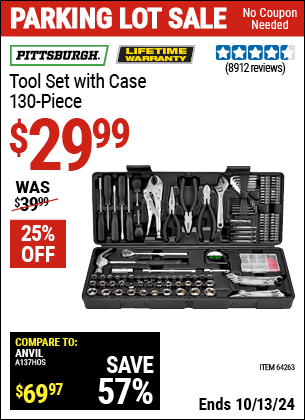 Buy the PITTSBURGH Tool Set with Case, 130 Pc. (Item 64263) for $29.99, valid through 10/13/2024.