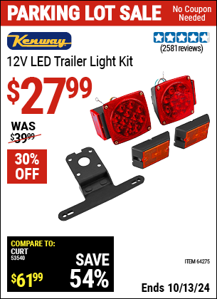 Buy the KENWAY 12V LED Trailer Light Kit (Item 64275) for $27.99, valid through 10/13/2024.