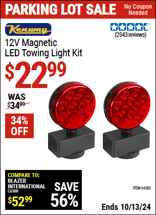 Buy the KENWAY 12V Magnetic LED Towing Light Kit (Item 64282) for $22.99, valid through 10/13/2024.