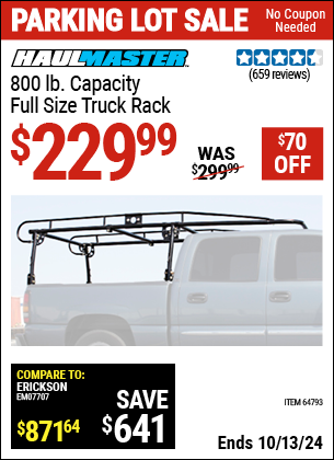 Buy the HAUL-MASTER 800 lb. Capacity Full Size Truck Rack (Item 64793) for $229.99, valid through 10/13/2024.