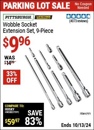 Buy the PITTSBURGH Wobble Socket Extension Set, 9-Piece (Item 67971) for $9.96, valid through 10/13/2024.