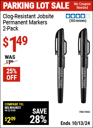 Buy the HFT Clog-Resistant Jobsite Permanent Markers, 2-Pack (Item 70060) for $1.49, valid through 10/13/2024.