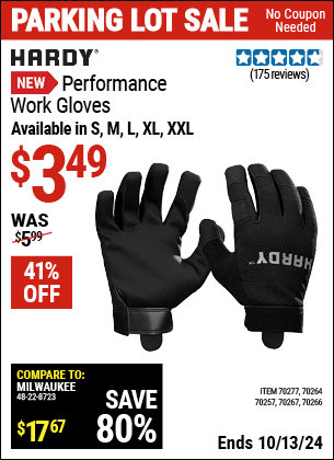 Buy the HARDY Performance Work Gloves (Item 70257/70264/70266/70267/70277) for $3.49, valid through 10/13/2024.