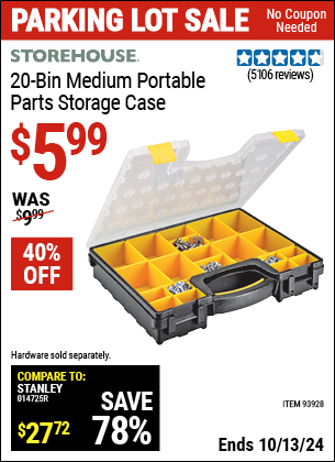 Buy the STOREHOUSE 20-Bin Medium Portable Parts Storage Case (Item 93928) for $5.99, valid through 10/13/2024.