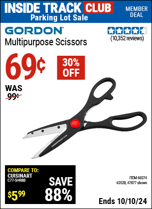 Inside Track Club members can Buy the GORDON Multipurpose Scissors (Item 47877/60274/63520) for $0.69, valid through 10/10/2024.