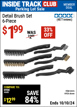 Inside Track Club members can Buy the Detail BrushSet, 6 Piece (Item 69526/62616) for $1.99, valid through 10/10/2024.