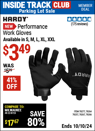 Inside Track Club members can Buy the HARDY Performance Work Gloves (Item 70257/70264/70266/70267/70277) for $3.49, valid through 10/10/2024.