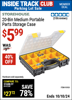 Inside Track Club members can Buy the STOREHOUSE 20-Bin Medium Portable Parts Storage Case (Item 93928) for $5.99, valid through 10/10/2024.