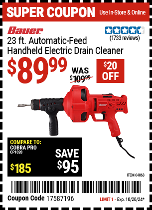 Buy the BAUER 23 ft. Automatic-Feed Handheld Electric Drain Cleaner (Item 64063) for $89.99, valid through 10/20/2024.