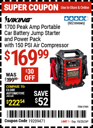 Buy the VIKING 1700 Peak Amp Portable Car Battery Jump Starter and Power Pack with 150 PSI Air Compressor (Item 57085) for $169.99, valid through 10/20/2024.