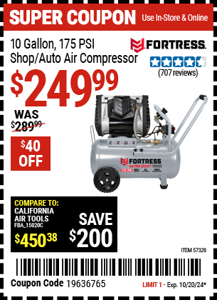 Buy the FORTRESS 10 Gallon, 175 PSI Ultra Quiet Oil-Free Horizontal Shop/Auto Air Compressor (Item 57328) for $249.99, valid through 10/20/2024.