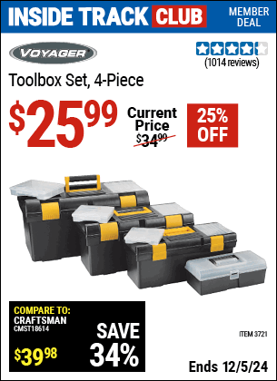 Inside Track Club members can Buy the VOYAGER Toolbox Set, 4 Piece (Item 3721) for $25.99, valid through 12/5/2024.