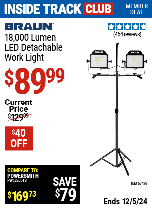 Inside Track Club members can Buy the BRAUN 18,000 Lumen LED Detachable Work Light (Item 57428) for $89.99, valid through 12/5/2024.