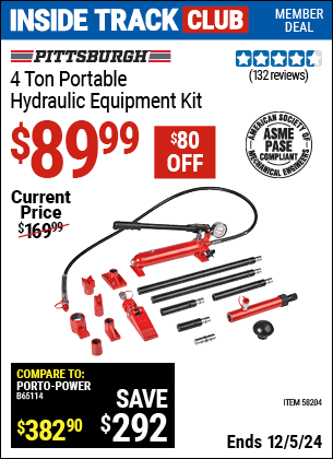 Inside Track Club members can Buy the PITTSBURGH 4 Ton Portable Hydraulic Equipment Kit (Item 58204) for $89.99, valid through 12/5/2024.